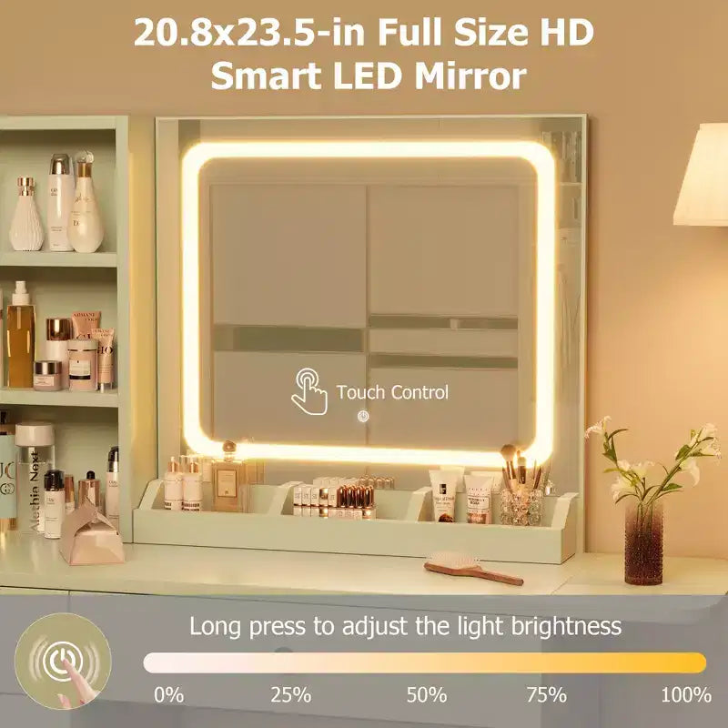 Coiffeuse avec miroir, tiroir, tabouret de rangement, 3 étagères – Jolie petite commode pour chambre à coucher, dortoir, adolescent ou cadeau.