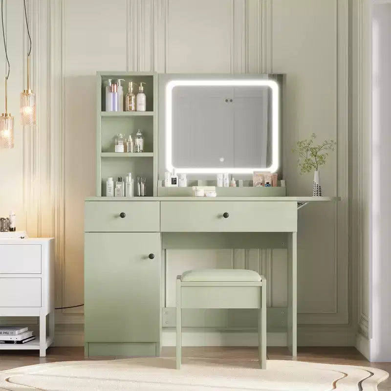 Coiffeuse avec miroir, tiroir, tabouret de rangement, 3 étagères – Jolie petite commode pour chambre à coucher, dortoir, adolescent ou cadeau.