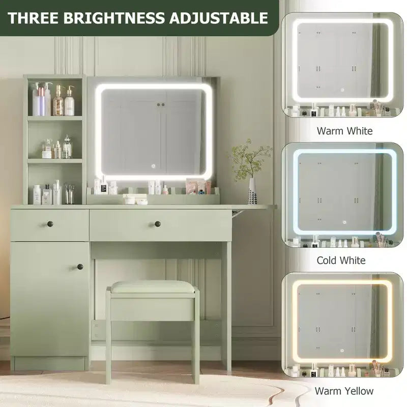 Coiffeuse avec miroir, tiroir, tabouret de rangement, 3 étagères – Jolie petite commode pour chambre à coucher, dortoir, adolescent ou cadeau.