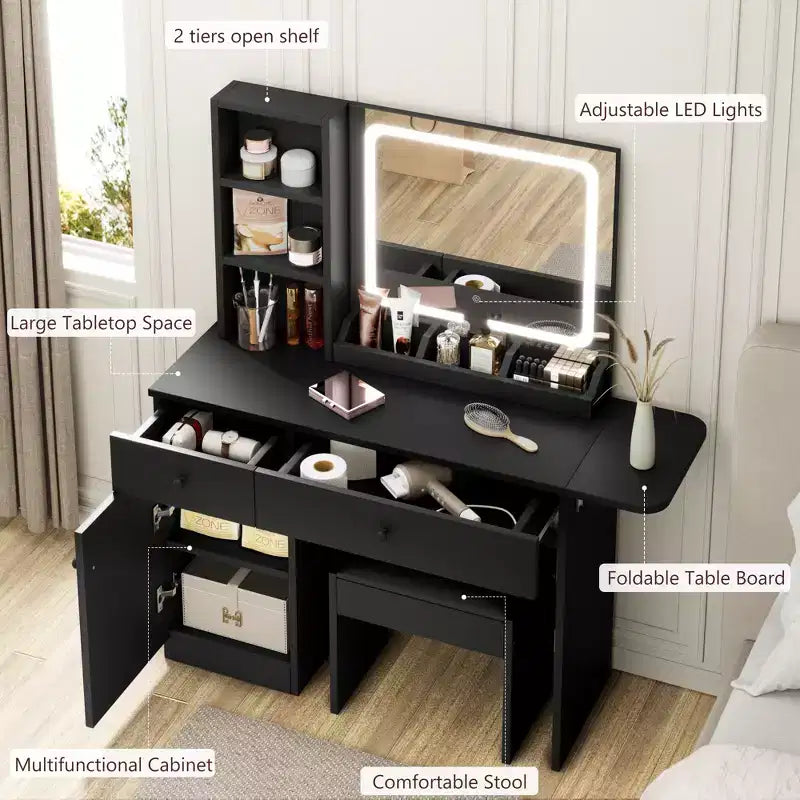 Coiffeuse avec miroir, tiroir, tabouret de rangement, 3 étagères – Jolie petite commode pour chambre à coucher, dortoir, adolescent ou cadeau.