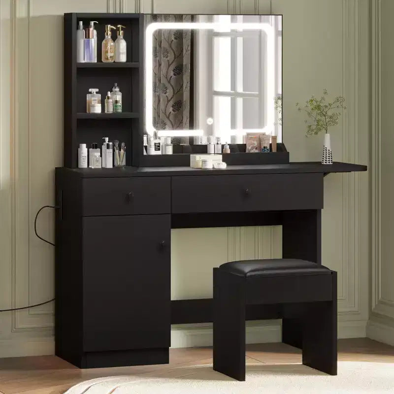 Coiffeuse avec miroir, tiroir, tabouret de rangement, 3 étagères – Jolie petite commode pour chambre à coucher, dortoir, adolescent ou cadeau.