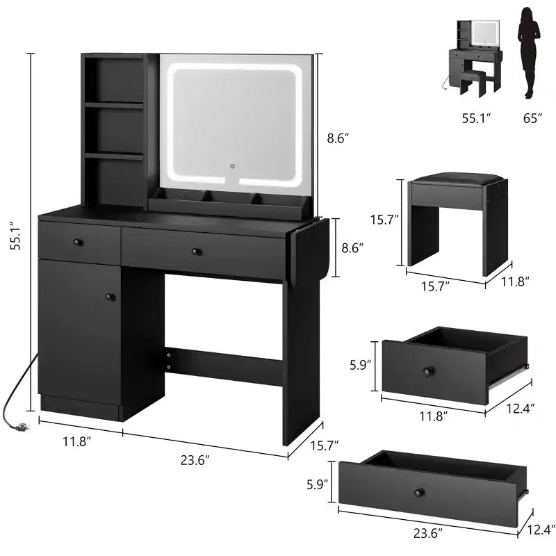 Coiffeuse avec miroir, tiroir, tabouret de rangement, 3 étagères – Jolie petite commode pour chambre à coucher, dortoir, adolescent ou cadeau.