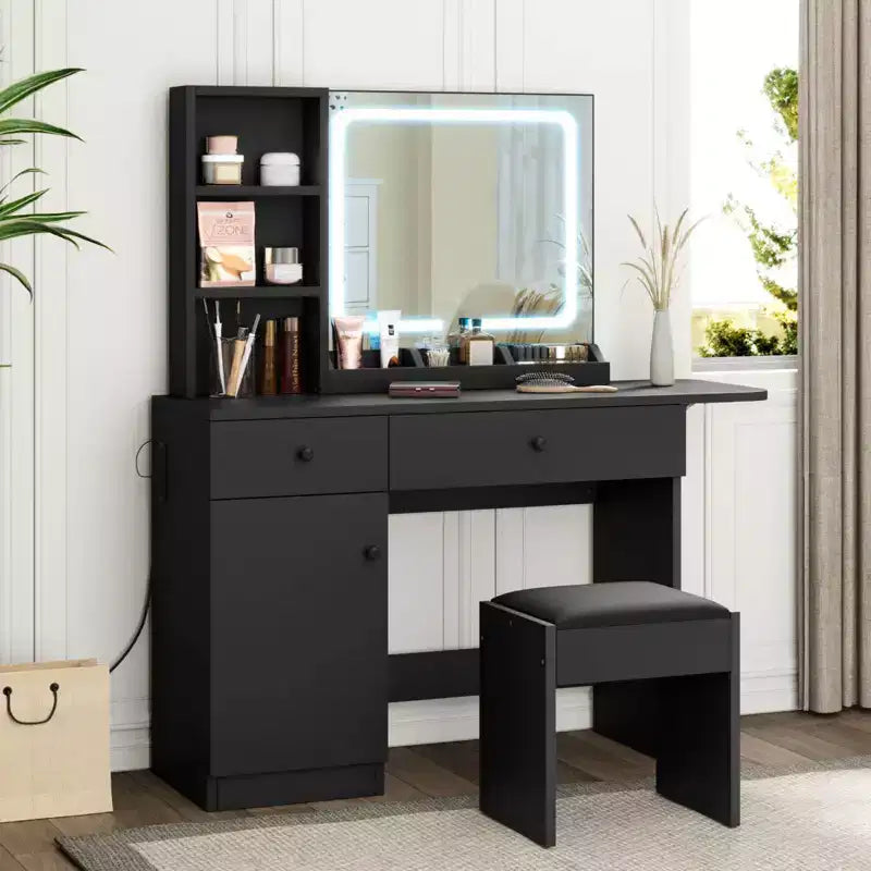 Coiffeuse avec miroir, tiroir, tabouret de rangement, 3 étagères – Jolie petite commode pour chambre à coucher, dortoir, adolescent ou cadeau.