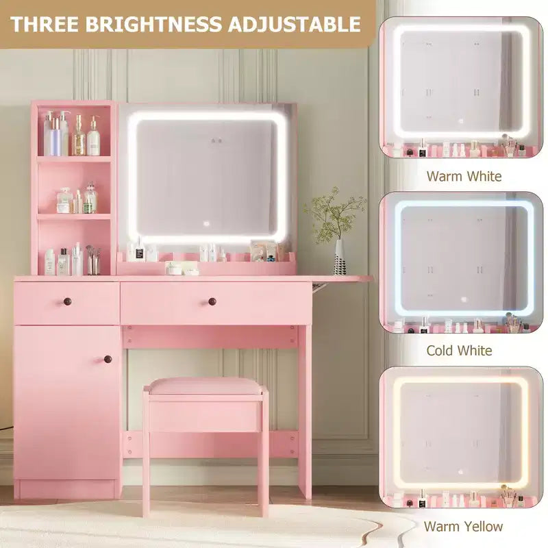 Coiffeuse avec miroir, tiroir, tabouret de rangement, 3 étagères – Jolie petite commode pour chambre à coucher, dortoir, adolescent ou cadeau.