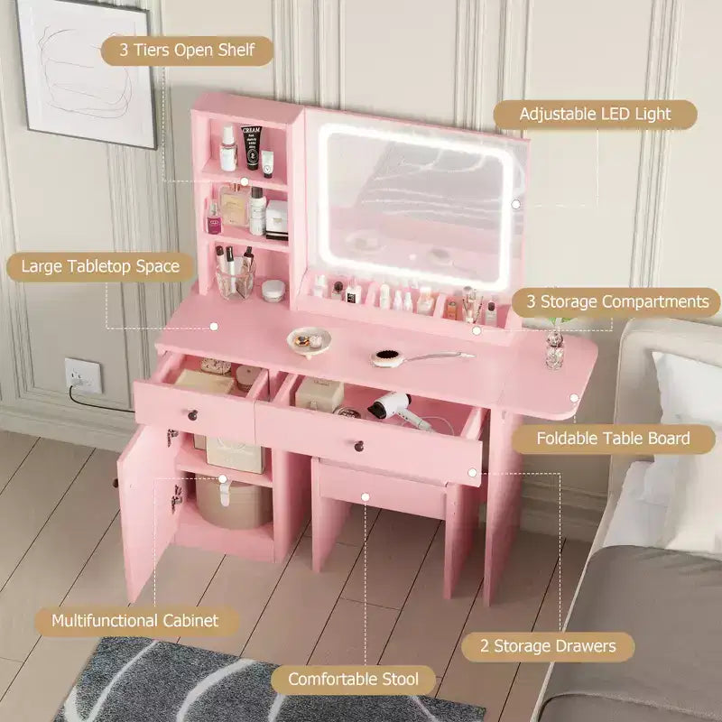 Coiffeuse avec miroir, tiroir, tabouret de rangement, 3 étagères – Jolie petite commode pour chambre à coucher, dortoir, adolescent ou cadeau.