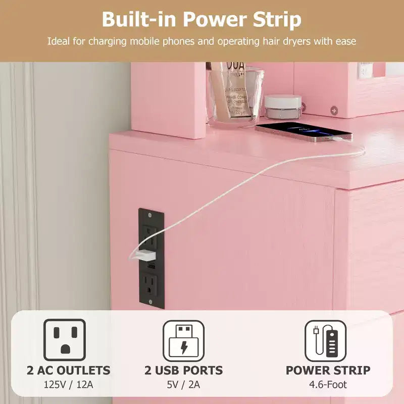 Coiffeuse avec miroir, tiroir, tabouret de rangement, 3 étagères – Jolie petite commode pour chambre à coucher, dortoir, adolescent ou cadeau.