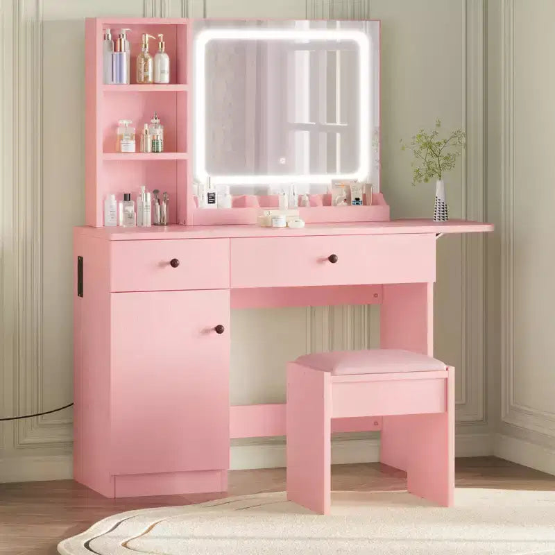 Coiffeuse avec miroir, tiroir, tabouret de rangement, 3 étagères – Jolie petite commode pour chambre à coucher, dortoir, adolescent ou cadeau.