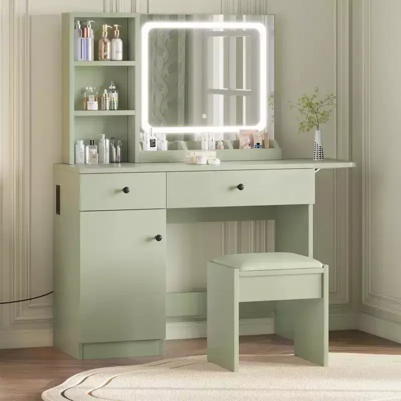 Coiffeuse avec miroir, tiroir, tabouret de rangement, 3 étagères – Jolie petite commode pour chambre à coucher, dortoir, adolescent ou cadeau.