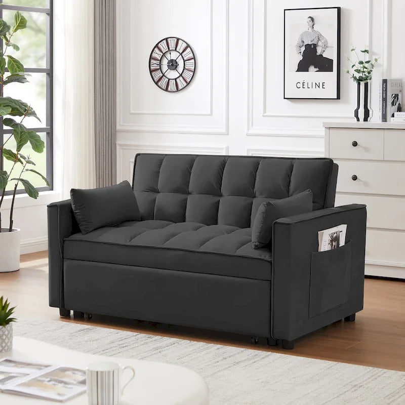 Black 55.2 Velvet Pull-Out Sofa Bed with Toss Pillows and Pockets