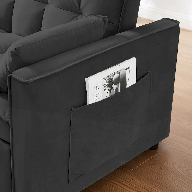 Canapé-lit gigogne en velours noir 55,2 avec coussins décoratifs et poches