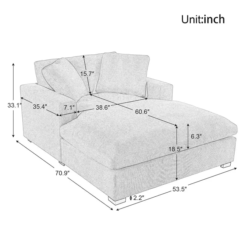 Chaise longue de 53,5 pouces avec pieds en bois massif et coussins confortables
