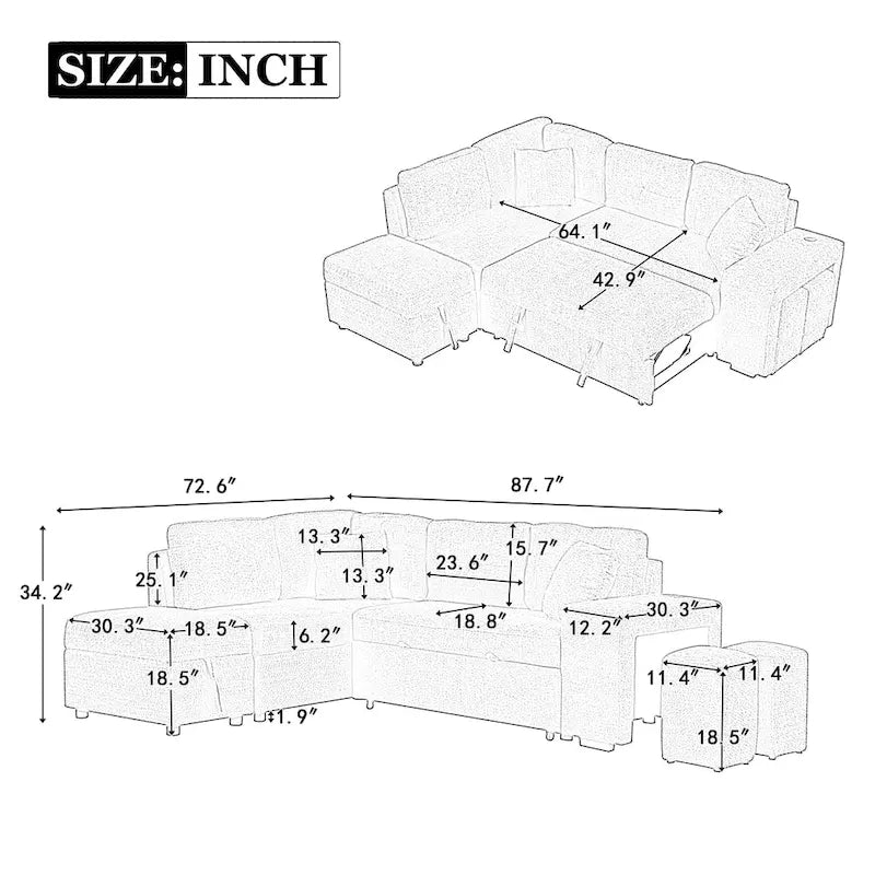 Canapé-lit d'angle convertible Roomfitters avec pouf de rangement, deux coussins décoratifs, deux tabourets et chargeur sans fil