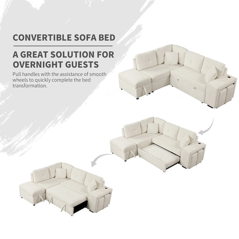 Canapé-lit d'angle convertible Roomfitters avec pouf de rangement, deux coussins décoratifs, deux tabourets et chargeur sans fil