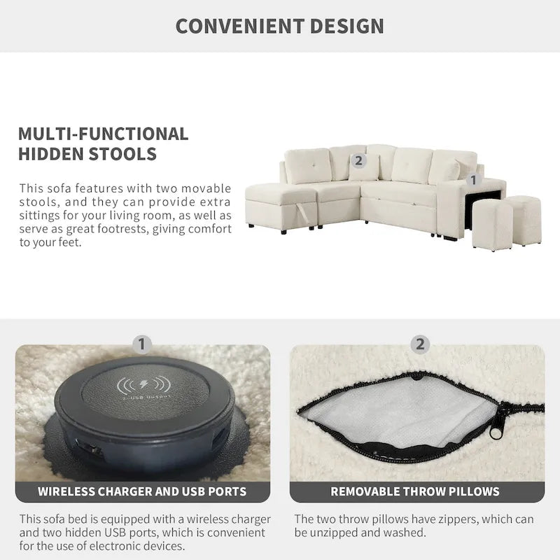 Canapé-lit d'angle convertible Roomfitters avec pouf de rangement, deux coussins décoratifs, deux tabourets et chargeur sans fil