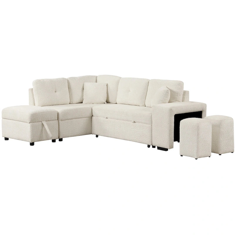 Canapé-lit d'angle convertible Roomfitters avec pouf de rangement, deux coussins décoratifs, deux tabourets et chargeur sans fil