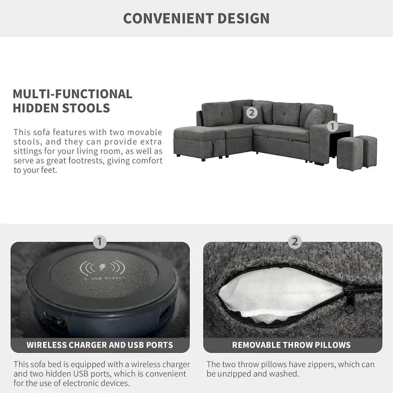 Canapé-lit d'angle convertible Roomfitters avec pouf de rangement, deux coussins décoratifs, deux tabourets et chargeur sans fil
