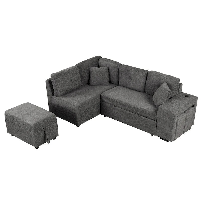 Canapé-lit d'angle convertible Roomfitters avec pouf de rangement, deux coussins décoratifs, deux tabourets et chargeur sans fil
