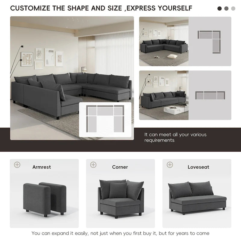 Canapé d'angle modulaire en chenille en forme de U, 8 places