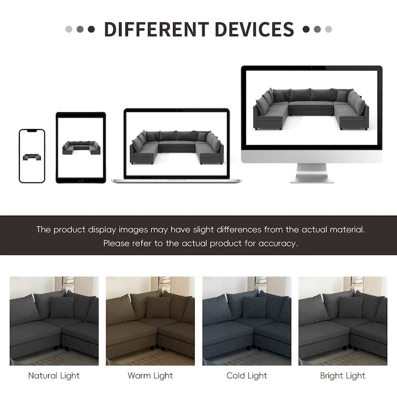 Canapé d'angle modulaire en chenille en forme de U, 8 places