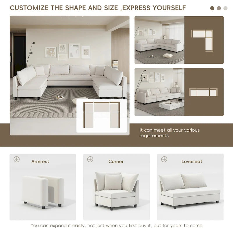 Canapé d'angle modulaire en chenille en forme de U, 8 places