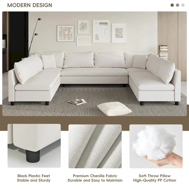 Canapé d'angle modulaire en chenille en forme de U, 8 places