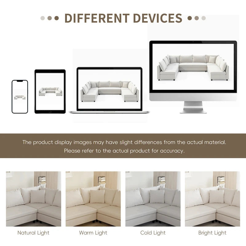 Canapé d'angle modulaire en chenille en forme de U, 8 places