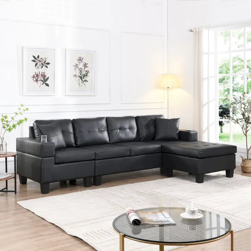 Black 96.06 Modern L-Shaped 4 Seater Sectional Sofa with Chaise Lounge, Cup Holders, and Throw Pillows