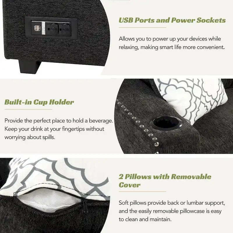 Canapé d'angle en L 4 places 83,8 avec lit gigogne, méridienne de rangement, ports USB, prises électriques et porte-gobelets