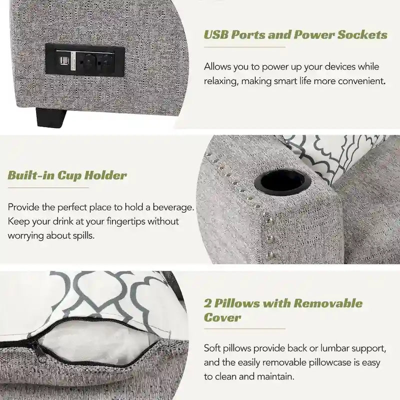 Canapé d'angle en L 4 places 83,8 avec lit gigogne, méridienne de rangement, ports USB, prises électriques et porte-gobelets