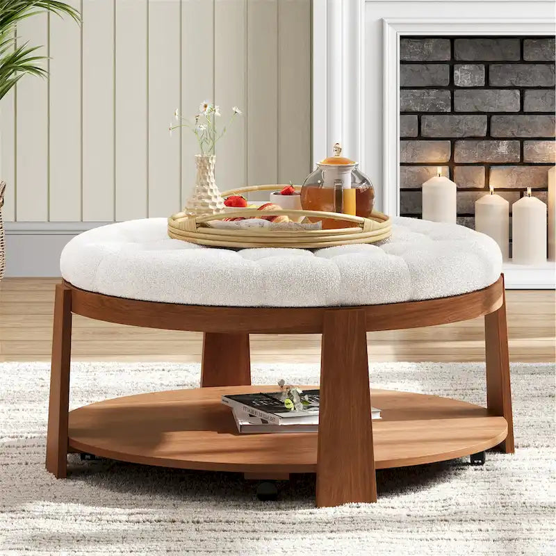 Table basse ronde capitonnée de 91 cm avec étagère en bois et roulettes