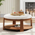 Table basse ronde capitonnée de 91 cm avec étagère en bois et roulettes