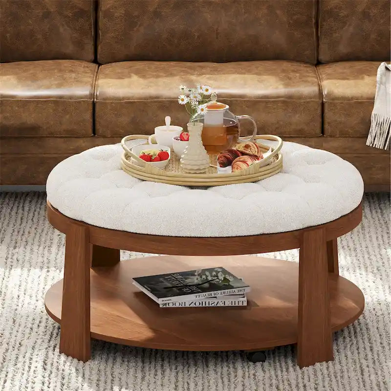 Table basse ronde capitonnée de 91 cm avec étagère en bois et roulettes