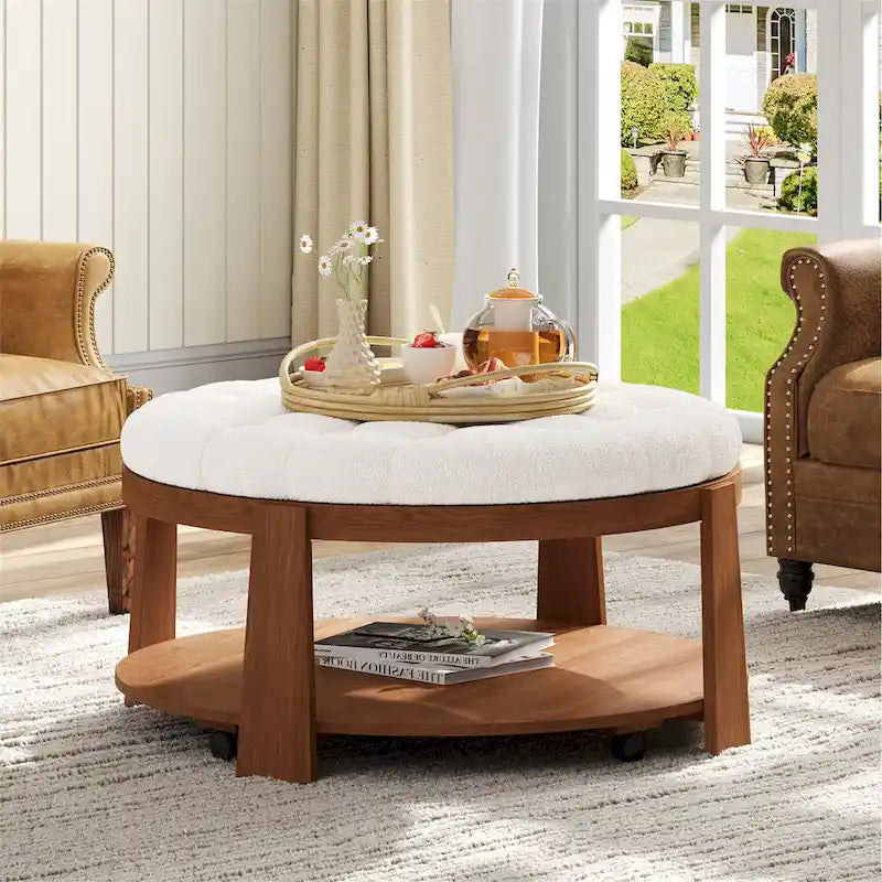 Table basse ronde capitonnée de 91 cm avec étagère en bois et roulettes