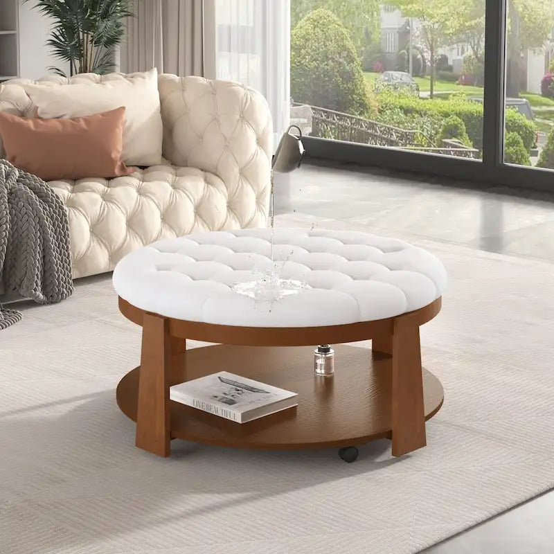 Table basse ronde capitonnée de 91 cm avec étagère en bois et roulettes