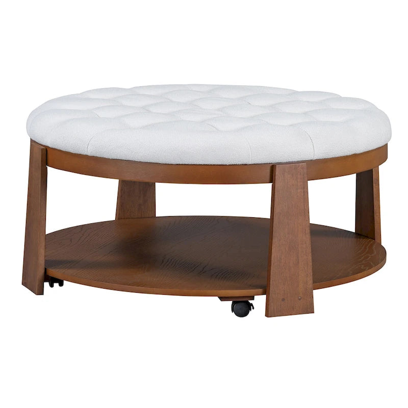 Table basse ronde capitonnée de 91 cm avec étagère en bois et roulettes
