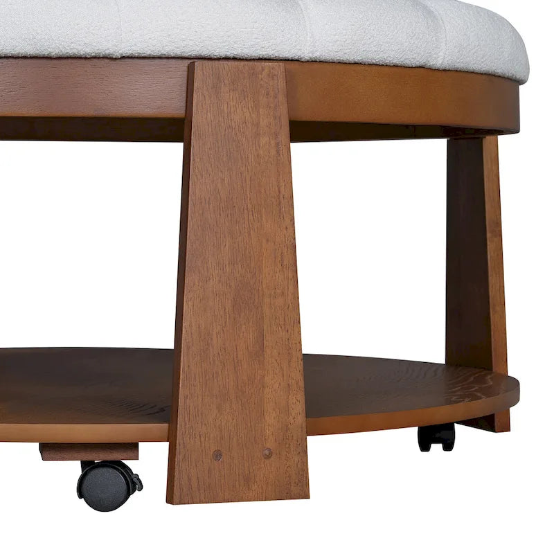 Table basse ronde capitonnée de 91 cm avec étagère en bois et roulettes