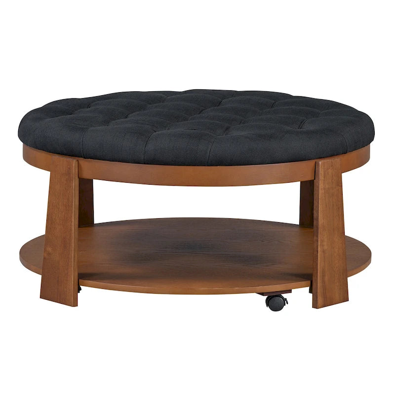 Table basse ronde capitonnée de 91 cm avec étagère en bois et roulettes