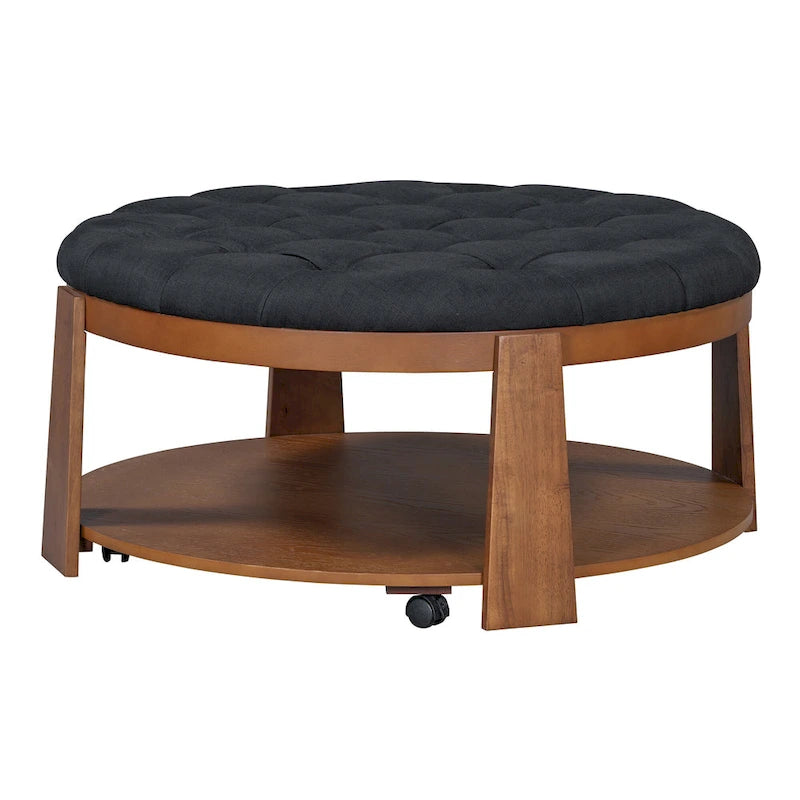 Table basse ronde capitonnée de 91 cm avec étagère en bois et roulettes