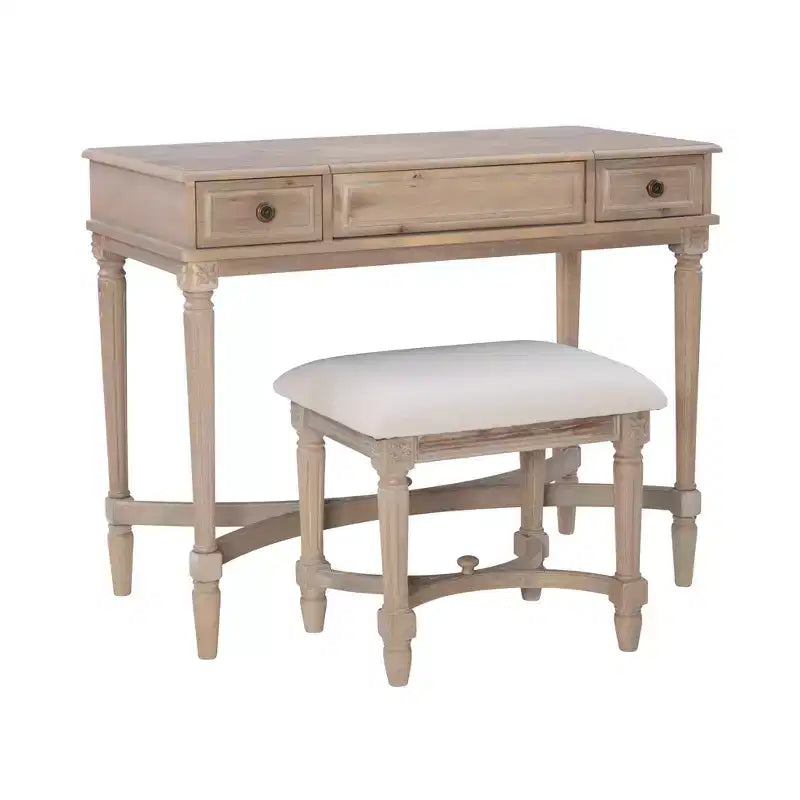 Cyndi Traditional Washed Wood Vanity Set with Stool & Storage, Beige Padded Seat - Linon