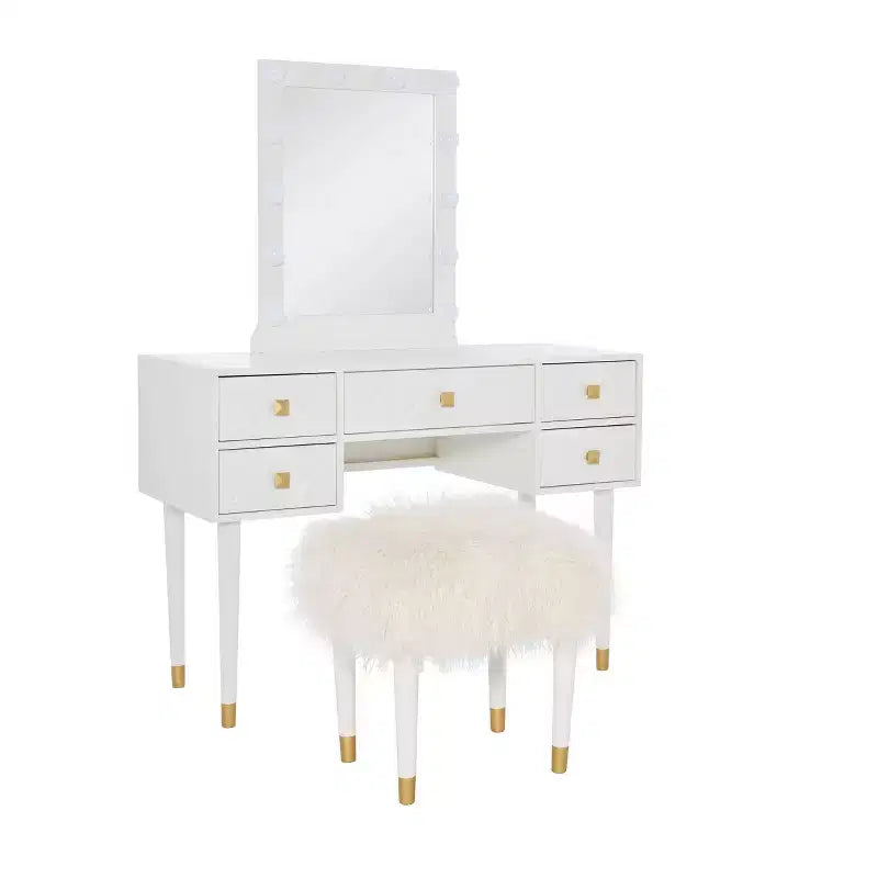 Geo Solid Wood 5 Drawer Vanity with Lighted Mirror & Stool Set - Linon: Hollywood Glam Style
