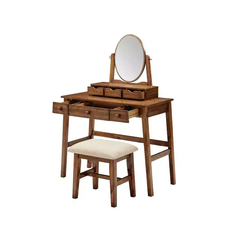 Coiffeuse traditionnelle en bois Lorna avec tabouret, 6 tiroirs, miroir réglable - Linon : Table de toilette, Rangement de maquillage