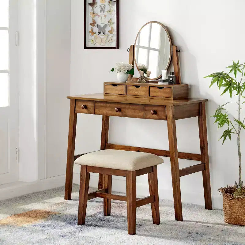 Coiffeuse traditionnelle en bois Lorna avec tabouret, 6 tiroirs, miroir réglable - Linon : Table de toilette, Rangement de maquillage