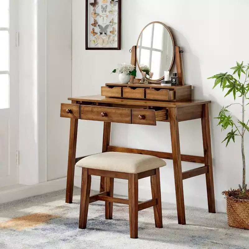 Coiffeuse traditionnelle en bois Lorna avec tabouret, 6 tiroirs, miroir réglable - Linon : Table de toilette, Rangement de maquillage