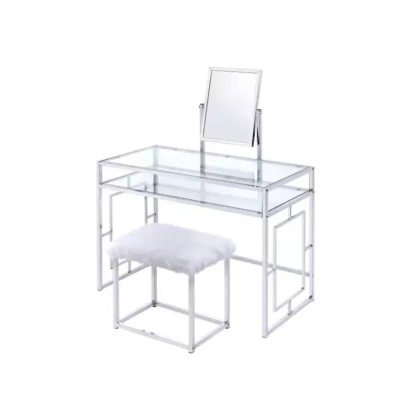 Acme Furniture Carenze Ii Vanity Table White Faux Fur/Chrome Finish