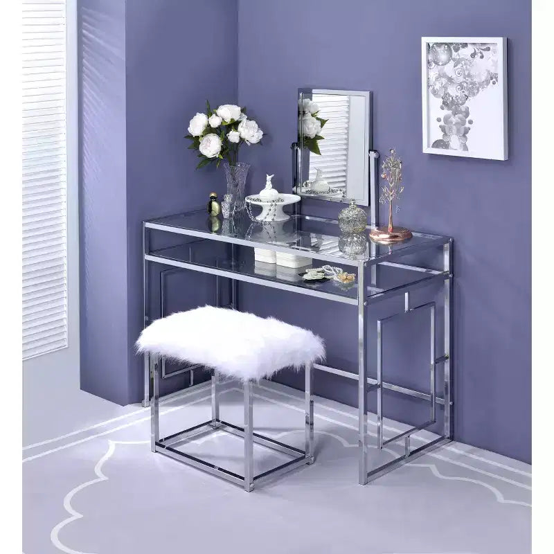 Coiffeuse Carenze II Acme Furniture Fausse Fourrure Blanche/Finition Chrome