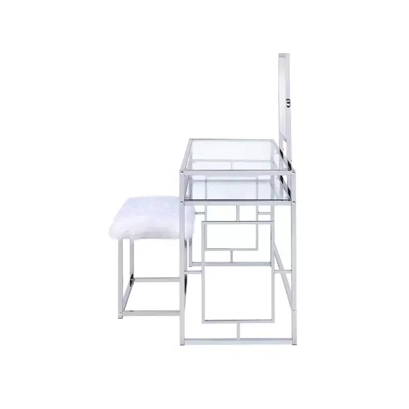 Coiffeuse Carenze II Acme Furniture Fausse Fourrure Blanche/Finition Chrome