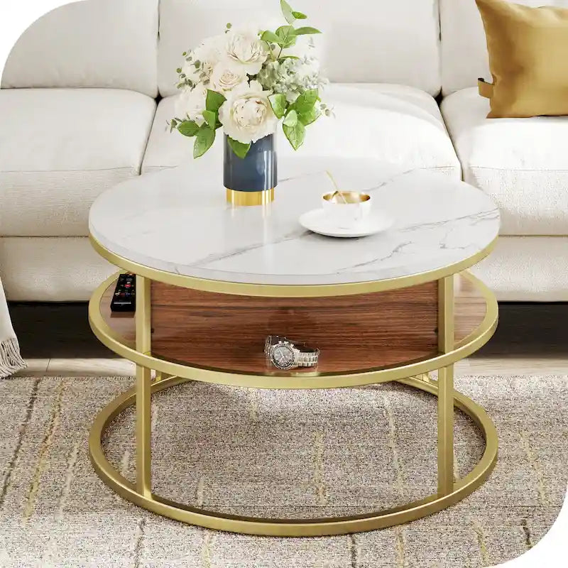 Table basse ronde à plateau relevable et structure extensible avec rangement dissimulé