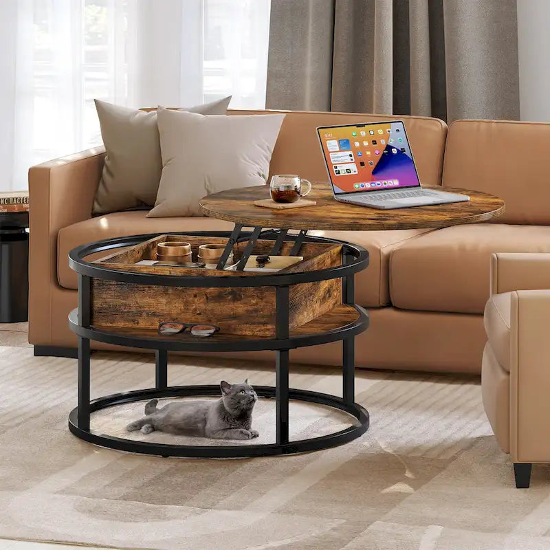 Table basse ronde à plateau relevable et structure extensible avec rangement dissimulé