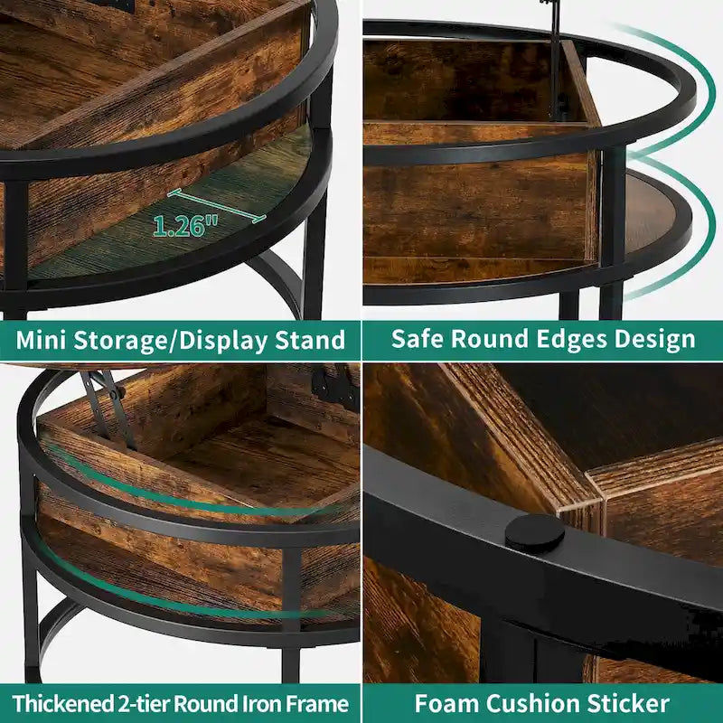 Table basse ronde à plateau relevable et structure extensible avec rangement dissimulé