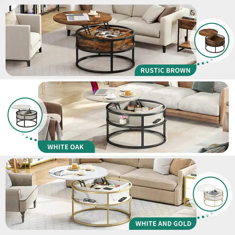 Table basse ronde à plateau relevable et structure extensible avec rangement dissimulé